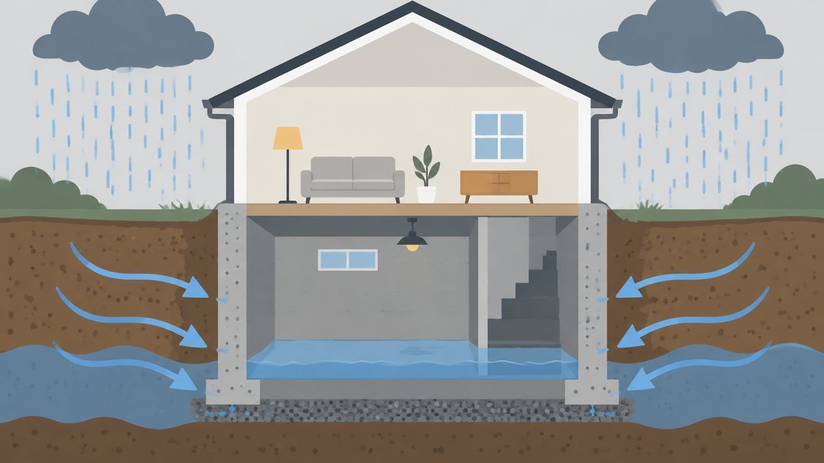 Flat illustration of a house cut away to show a basement with shallow water on the floor, rain falling outside and arrows showing water moving through the soil toward the foundation wall