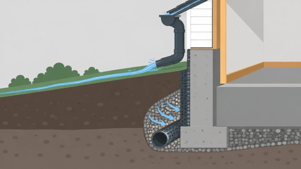 Flat illustration of a house corner in cross section with the ground sloping away from the wall, a downspout carrying roof water away and a perimeter drain pipe beside the footing