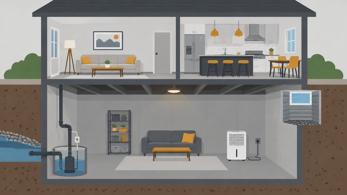 Cutaway illustration of a two-level house with a finished basement, a sump pit and pump, a dehumidifier and an egress window